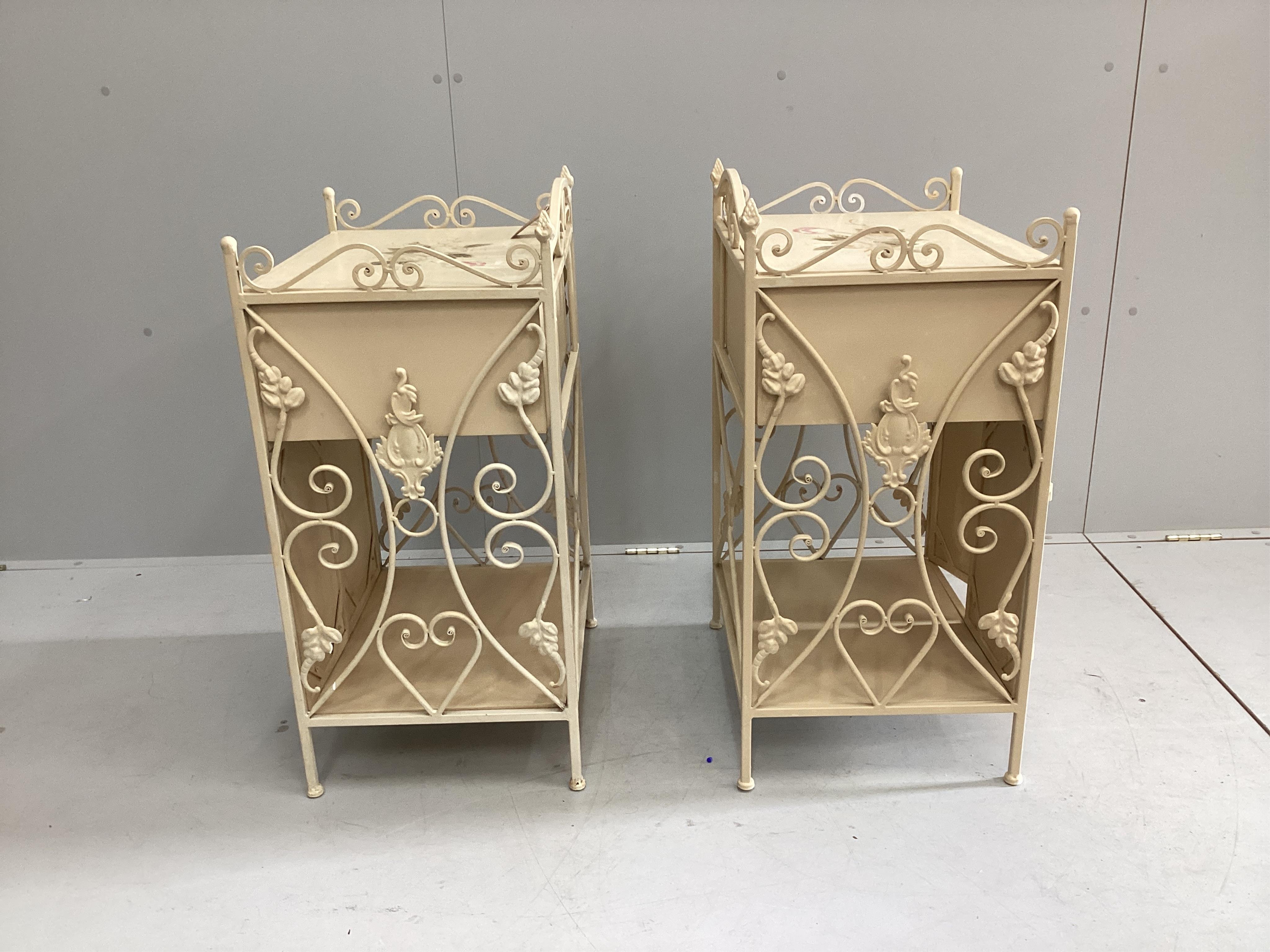 A pair of modern painted wrought iron bedside cabinets, width 48cm, depth 38cm, height 80cm. Condition - good